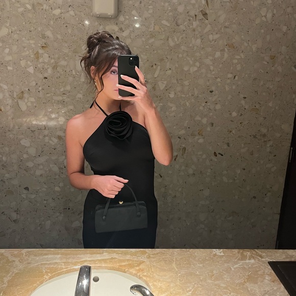 BLACK SATIN HALTER-NECK MAXI DRESS WITH FLOWER CORSAGE - Picture 3 of 3